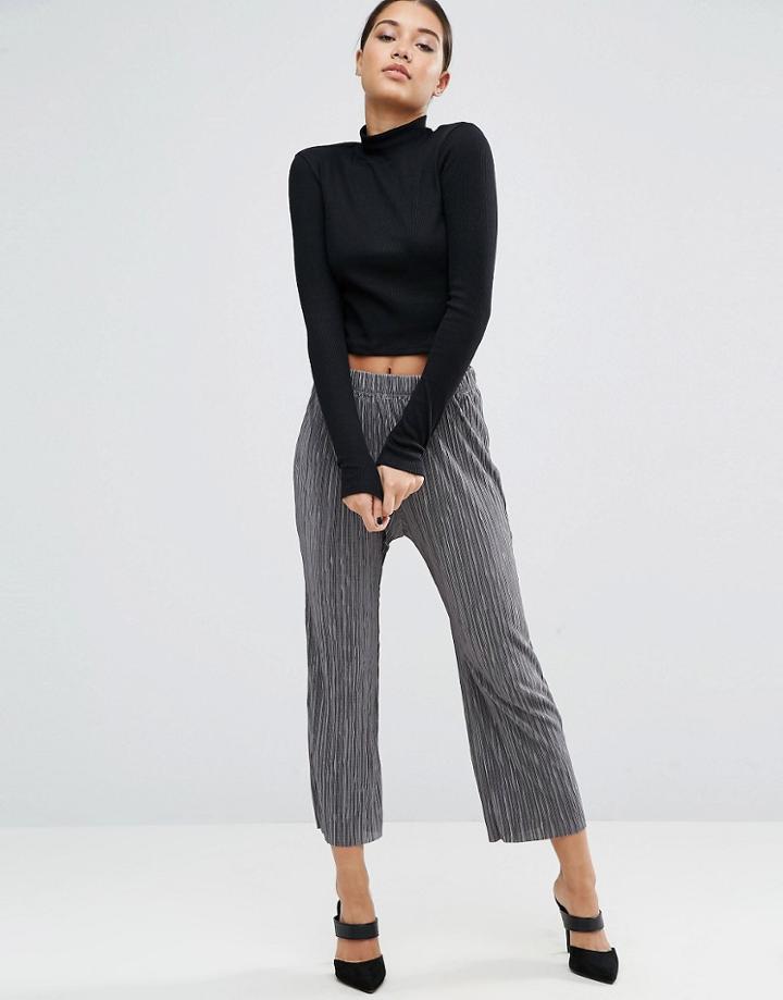 Asos Wide Leg Pleated Plisse Pants With Raw Hem - Gray