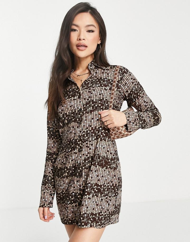 Motel Relaxed Mini Button Up Body-conscious Dress In Retro Polka Dot-brown