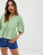 Asos Design Tea Blouse In Broderie With Volume Sleeve-multi