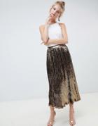 Asos Design Pleated Sequin Midi Skirt-brown