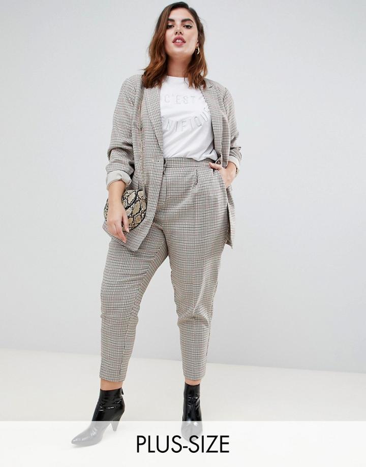 New Look Curve Check Pull On Pants In Brown Pattern - Brown