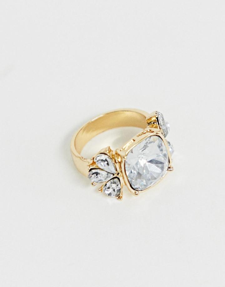 Asos Design Ring With Jewel And Crystal Detail In Gold - Gold
