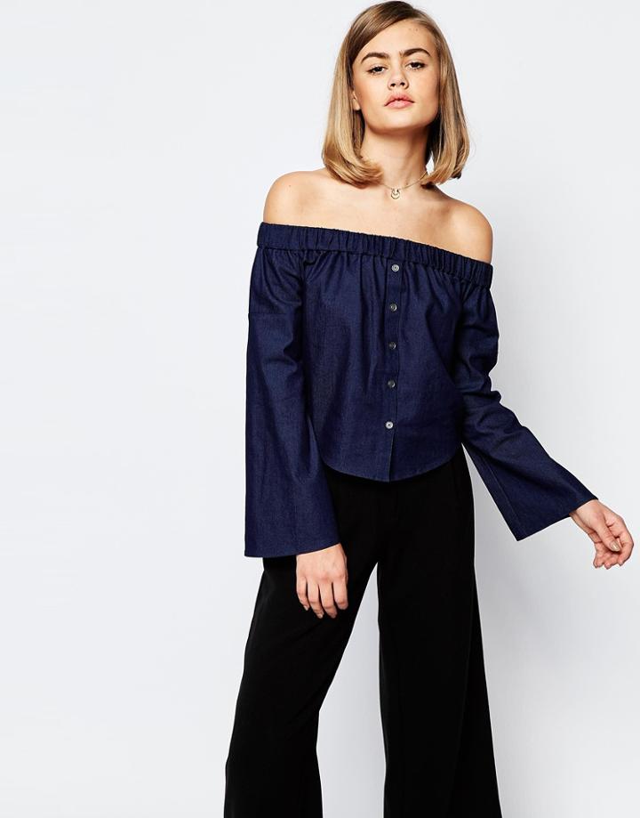 Lost Ink Denim Off Shoulder Top - Indigo Blue