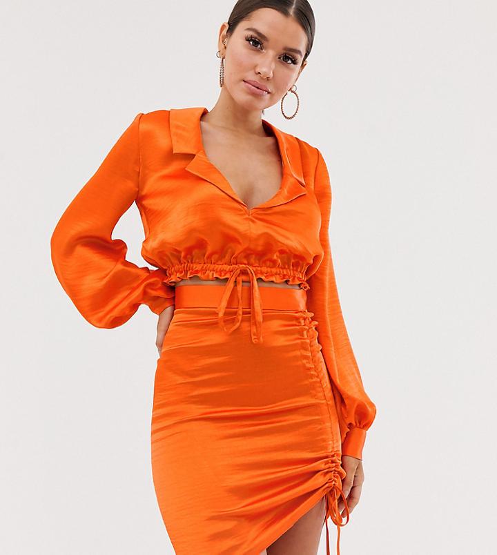 Asos Design Tux Crop Top Two-piece With Draw Cord In High Shine Satin - Red
