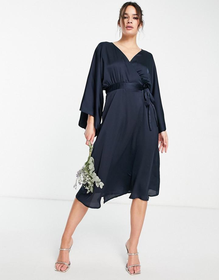 Tfnc Bridesmaid Kimono Sleeve Satin Wrap Midi Dress In Navy