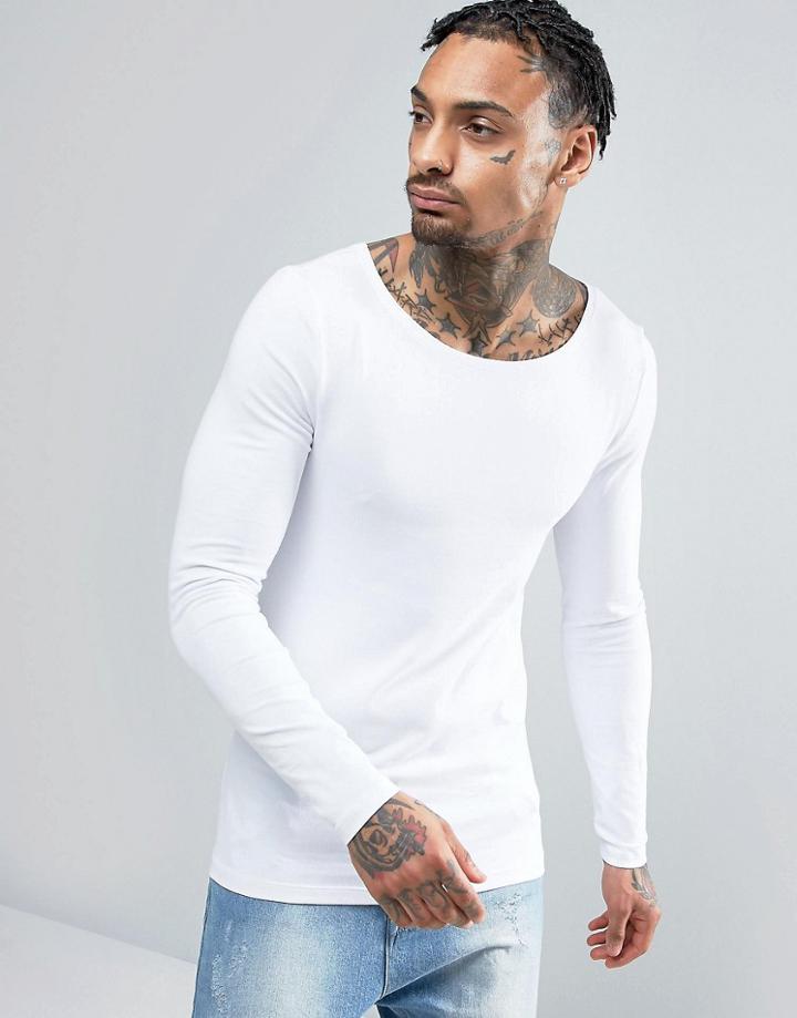 Asos Long Sleeve Extreme Muscle T-shirt With Boat Neck In White - White
