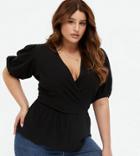 New Look Curve Textured Wrap Top In Black