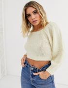 Asos Design Crop Off Shoulder Sweater In Lofty Yarn-cream