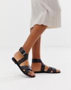 Asos Design Flossy Leather Cross Strap Flat Sandals-black