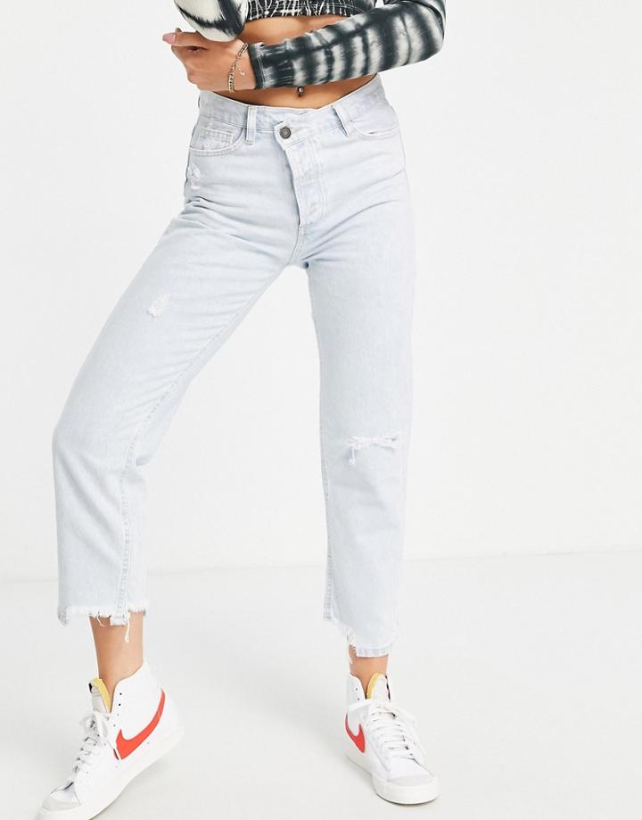 Stradivarius Straight Leg Jean With Raw Hem In Bleach Wash-blues
