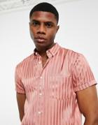 Asos Design Regular Revere Satin Shirt With Jacquard Stripe Print-pink