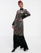 Verona High Neck Maxi Dress With Fluted Sleeve In Velvet Burnout-multi