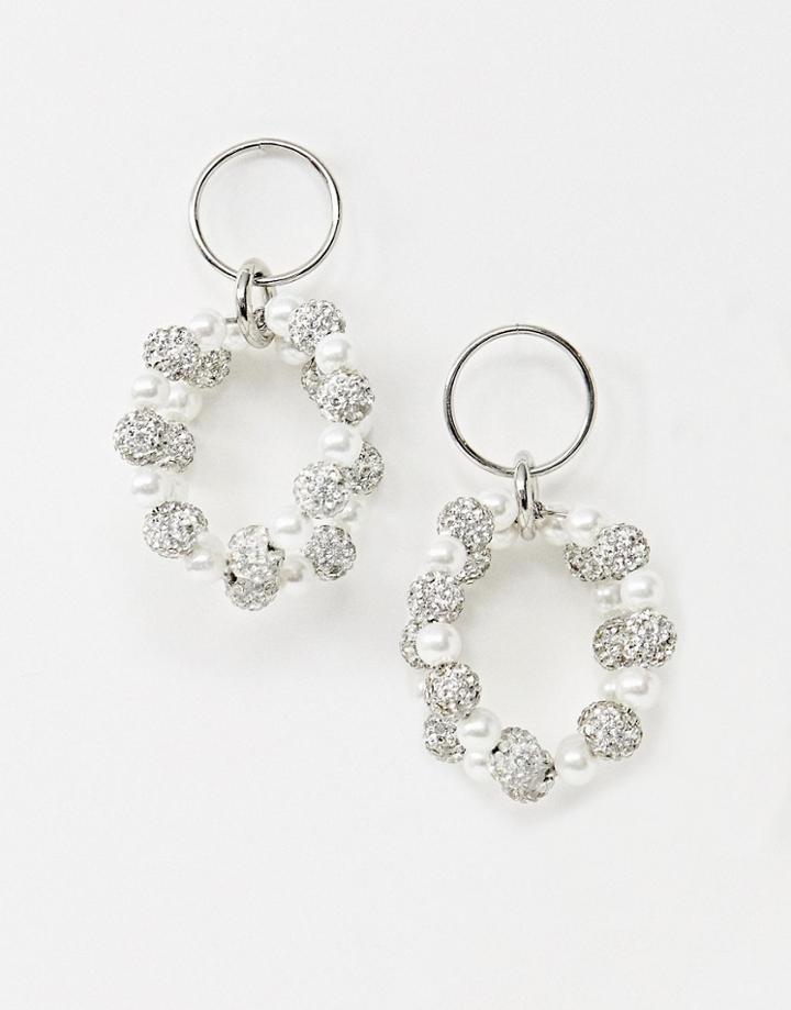 Asos Design Earrings With Crystal Balls And Pearls In Silver
