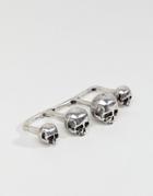 Asos Design Multi Finger Ring In Burnished Silver With Skulls - Silver