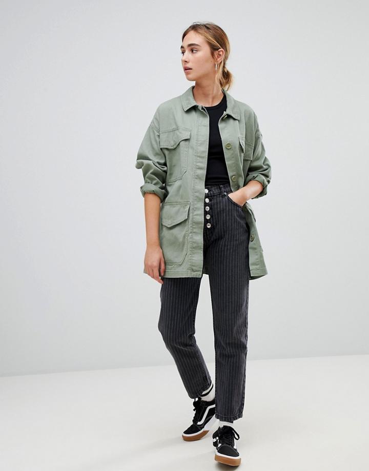 Pull & Bear 5 Button Mom Jean In Stripe - Gray