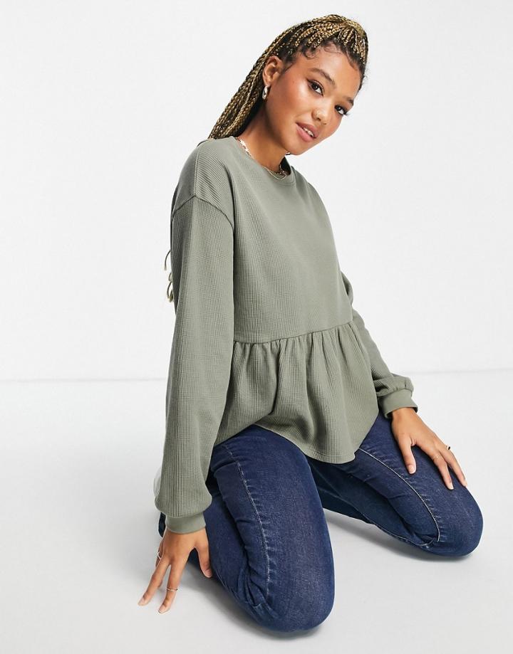 Asos Design Waffle Smock Top With Blouson Sleeve In Khaki-green