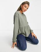 Asos Design Waffle Smock Top With Blouson Sleeve In Khaki-green