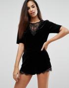 New Look Lace Front Velvet Top - Black