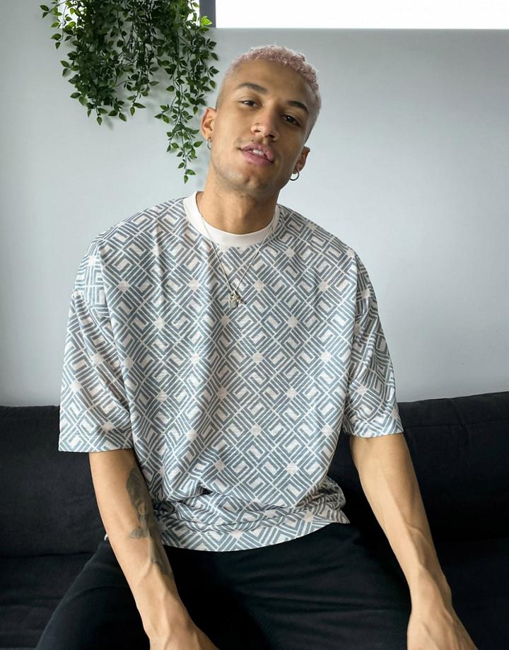 Asos Design Oversized T-shirt In Gray All Over Monogram Print-pink