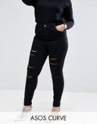 Asos Curve Ridley Skinny Ankle Grazer Jeans In Clean Black With Shredd