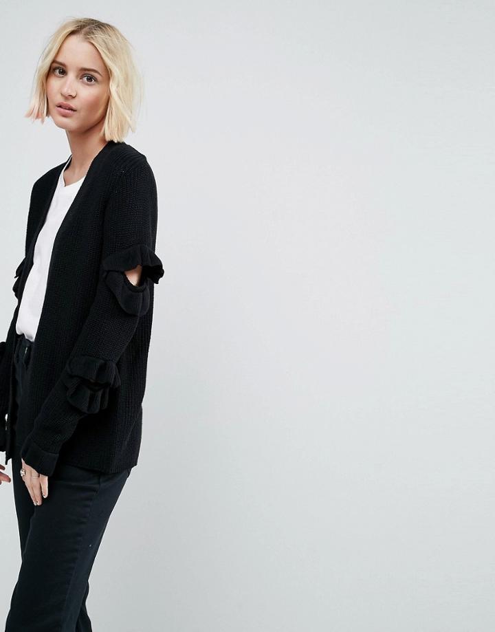 Asos Cardigan With Ruffle Sleeve Detail - Black