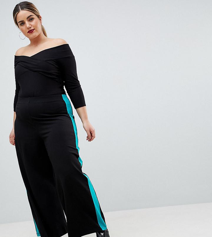 Asos Design Curve Wide Leg Pants With Contrast Side Stripe - Black