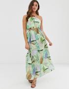 Asos Design Halter Neck Cut Out Maxi Dress With Trim Detail In Tropical Print-multi