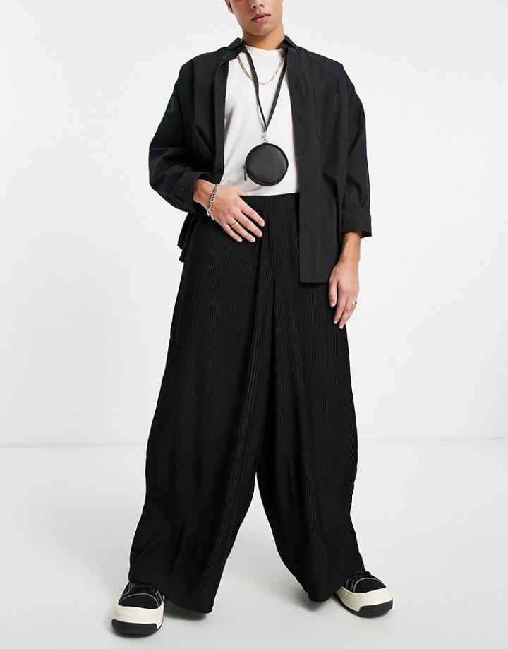 Asos Design Extreme Wide Leg Plisse Smart Pants In Black