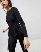 Lost Ink Long Sleeve Top With Tiered Asymmetric Frill - Black