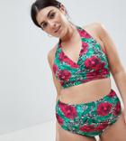 Asos Design Curve Wrap Halter Bikini Top In Tropical Graphic Print - Multi
