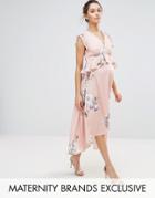 Hope & Ivy Maternity Bird Print Hi Lo Midi Dress - Pink