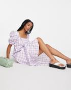 River Island Gingham Check Shirred Midi Dress In Purple