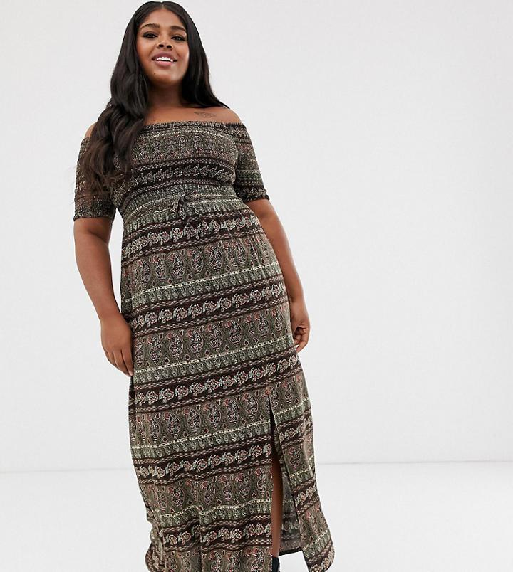 Brave Soul Plus Juliet Off Shoulder Maxi Dress In Paisley Mix