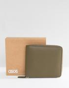 Asos Leather Oversized Zip Around Wallet In Khaki - Green