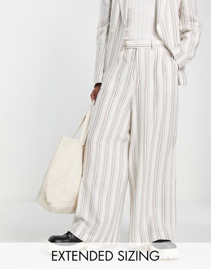 Asos Design Extreme Wide Leg Suit Pants In Ecru Stripe-neutral