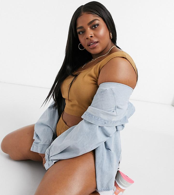 Fashionkilla Plus Knitted Built Up Crop Top In Camel-brown