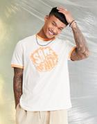 Asos Design Relaxed Ringer T-shirt In Cream With Surf Text Front Print-white