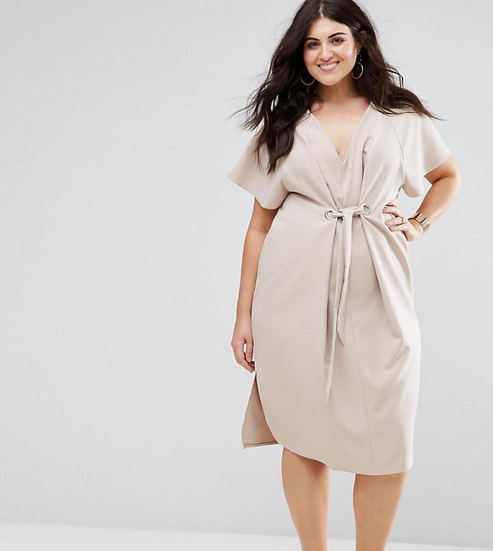 Asos Curve V Neck Column Midi Dress With Eyelet And Tie - Pink