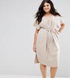Asos Curve V Neck Column Midi Dress With Eyelet And Tie - Pink