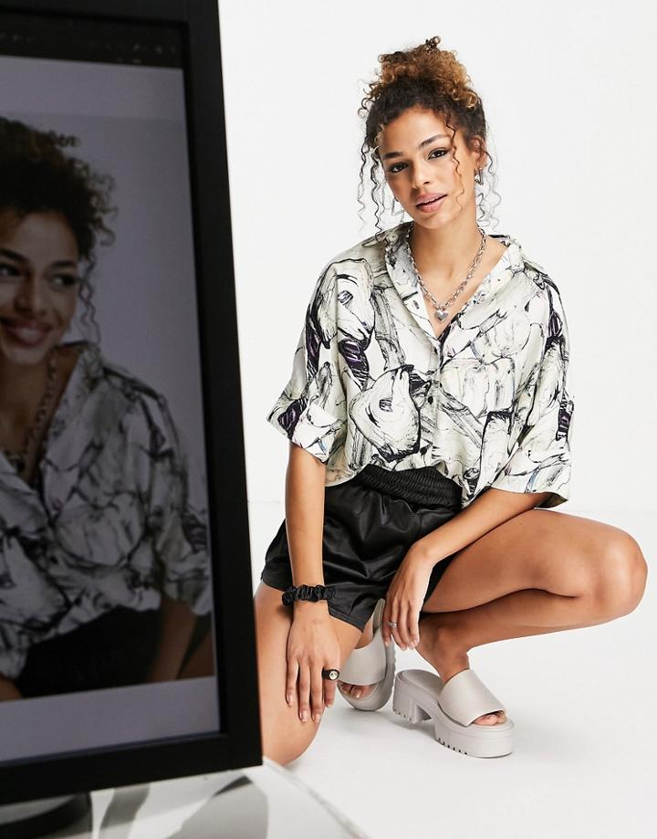 Monki Luca Short Sleeve Abstract Print Shirt In Off White