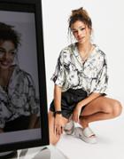 Monki Luca Short Sleeve Abstract Print Shirt In Off White