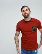 Asos T-shirt With Tapastry Velour Pocket - Red
