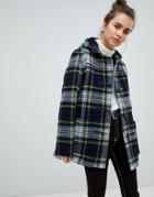 Gloverall Slim Mid Length Duffle Coat In Check - Navy