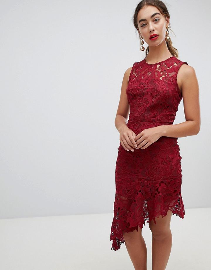 River Island Premium Lace Asymetric Hem Midi Dress-red