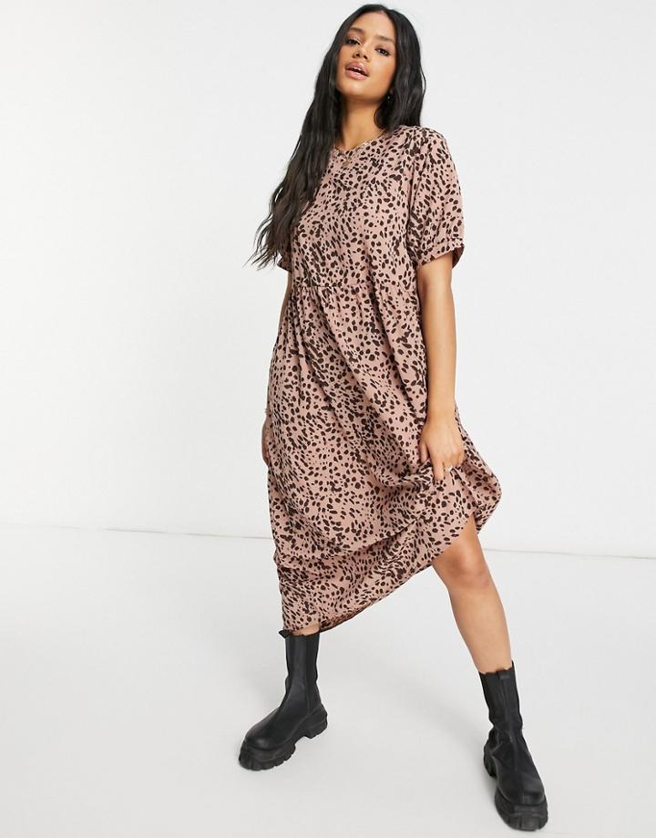 Missguided Smock Mini Dress With Puff Sleeve In Rust Dalmatian-orange