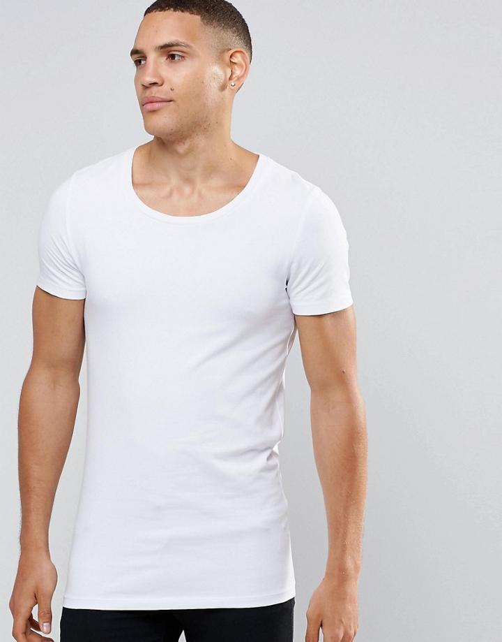 Asos Longline Muscle T-shirt With Scoop Neck In White - White