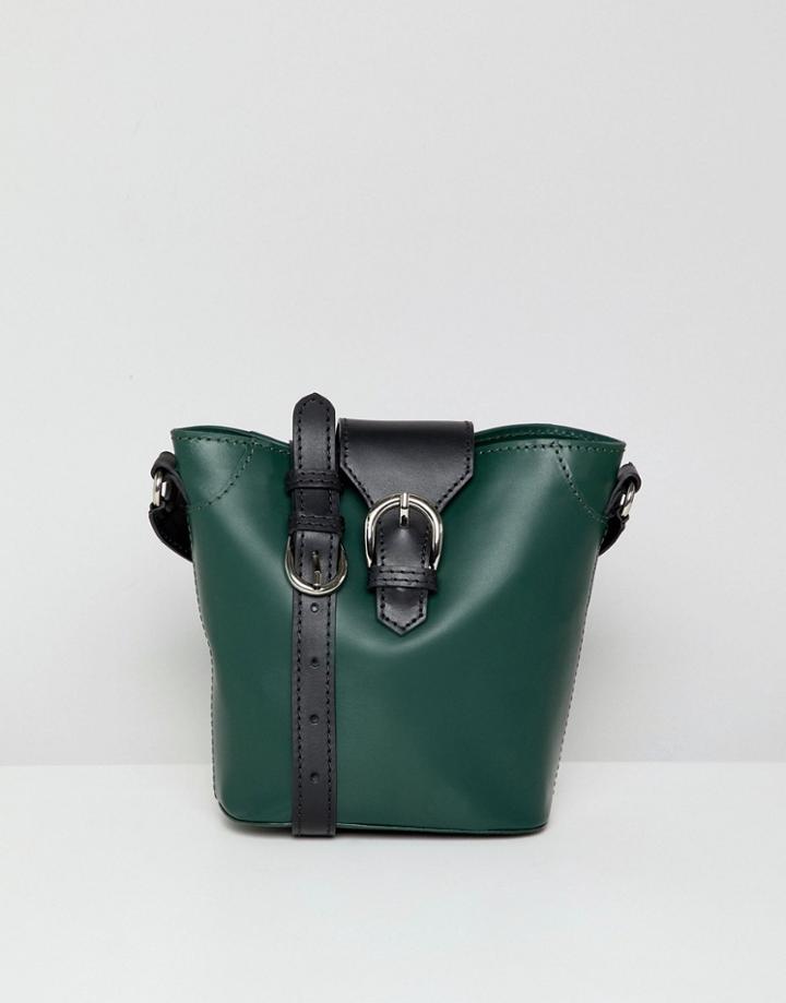 Asos Design Structured Leather Buckle Detail Bucket Bag - Green