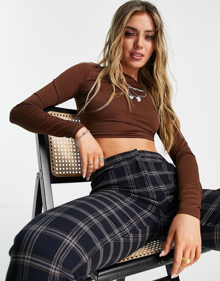 Bershka Back Detail Long Sleeve Crop Top In Chocolate-brown