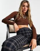 Bershka Back Detail Long Sleeve Crop Top In Chocolate-brown