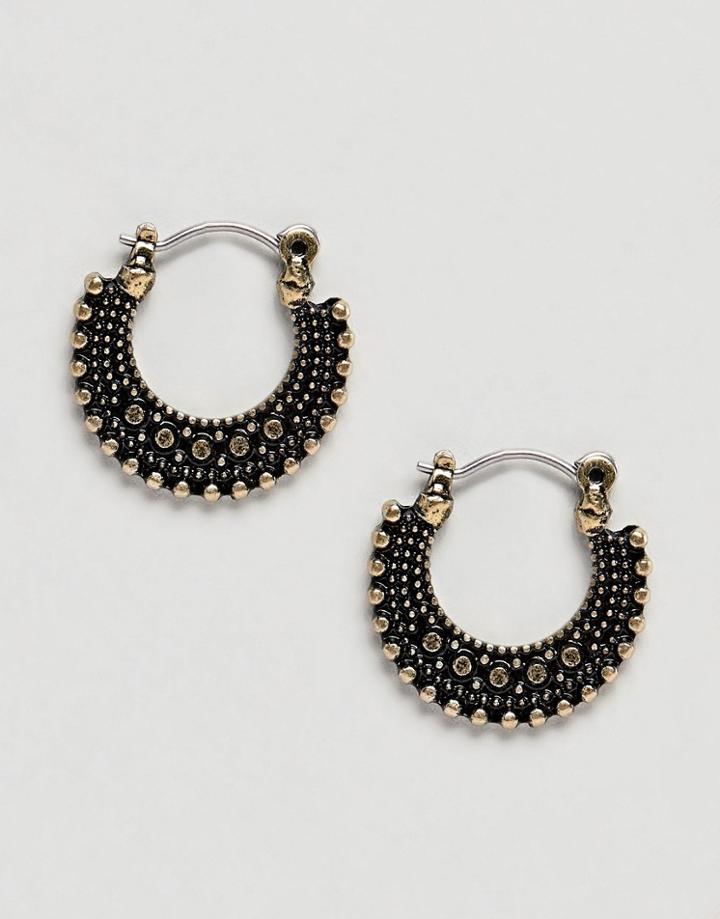 Asos Design Ornate Hoop Earrings In Burnished Gold - Gold